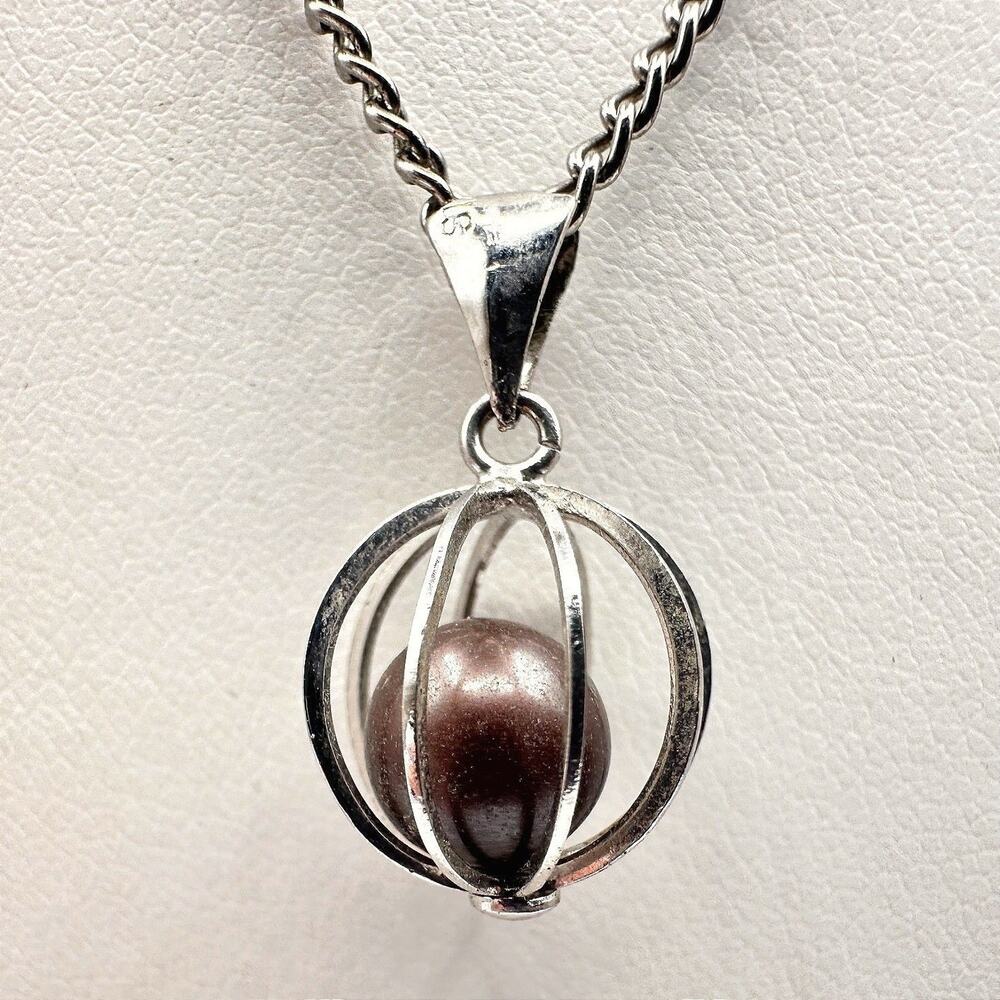 Vintage 90s Silver Tone Cage Necklace Faux Chocolate Pearl Fashion Jewelry